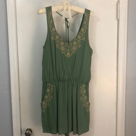 Green Romper with Tan Embroidery! - Picture 1 of 4